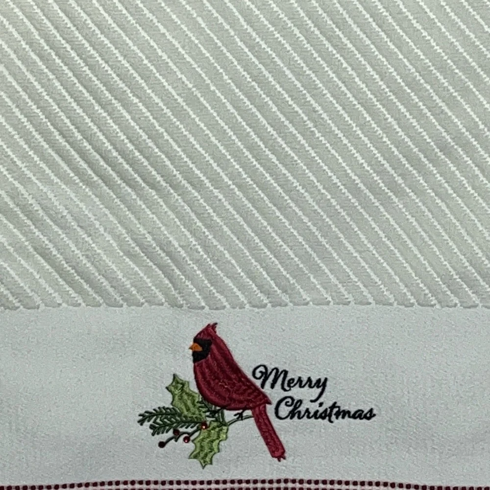 Merry & Bright Cardinal Bird Rhinestone Christmas Holly Berry Holiday Towel Set